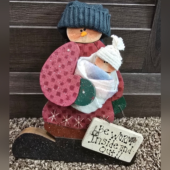 Other - Wooden Holiday Person Snowman Holding Baby 10" Warm Inside And Out